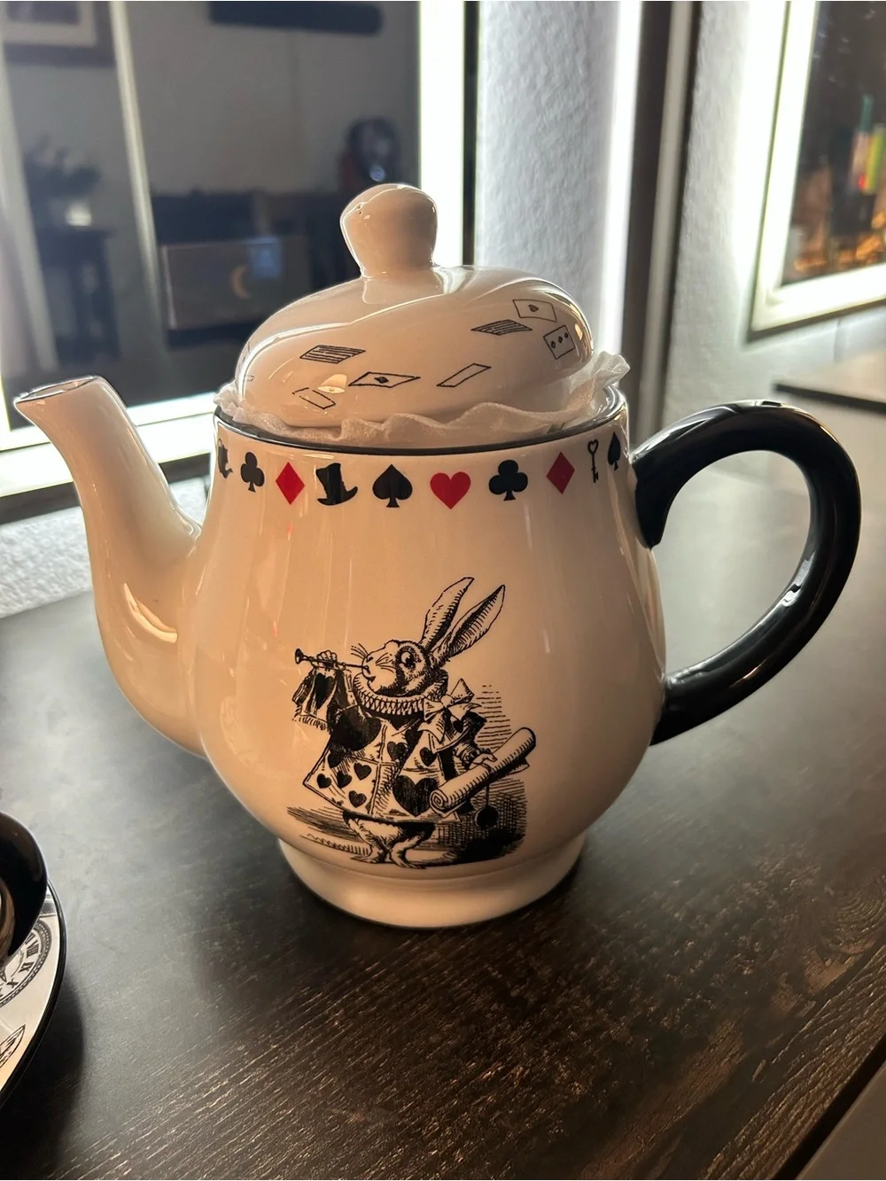 White Alice in Wonderland Teapot and Cup Set with Black Accents